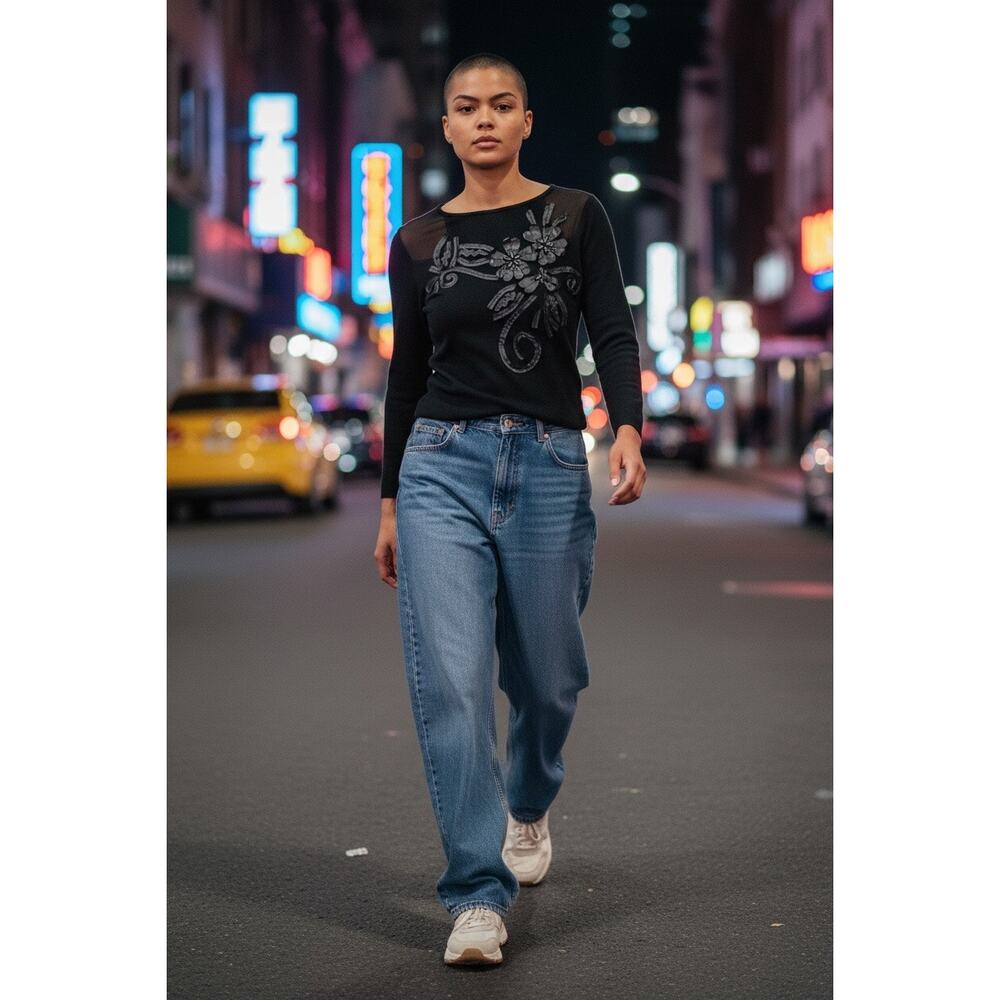 Y2K 90s Vintage Mesh Black Top 3D Floral Rhinestones Grunge Fairycore Sz S